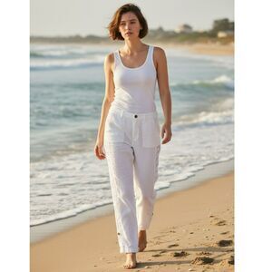 White Eyelet Lace Trim Pants Boho Summer Lightweight Cotton Large